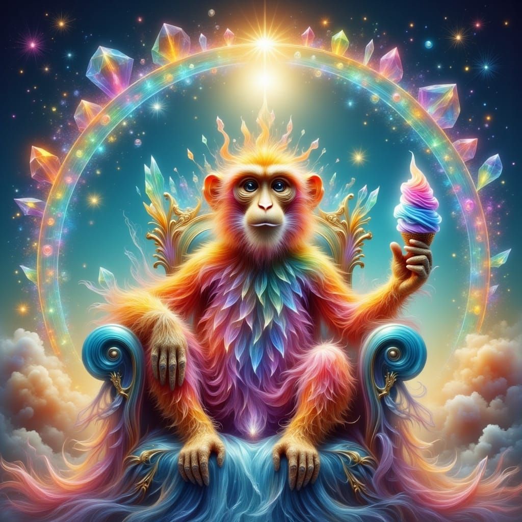 Crystal Monkey King Enjoys Rainbow Ice Cream on Jeweled Thro...