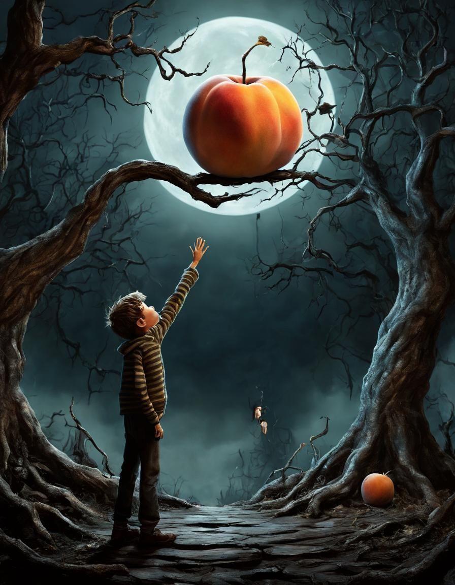 Boy Reaching for Giant Peach in Burtonesque Style