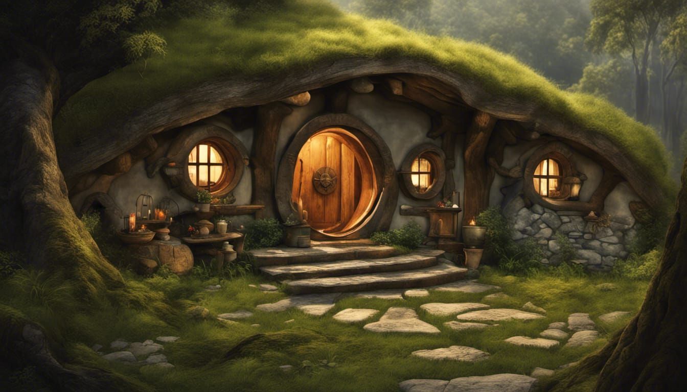 Idyllic Hobbit City Interior in Green Hills Landscape