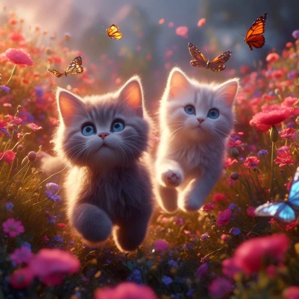 Kittens Chase Butterfly in Flower Field, Digital Art