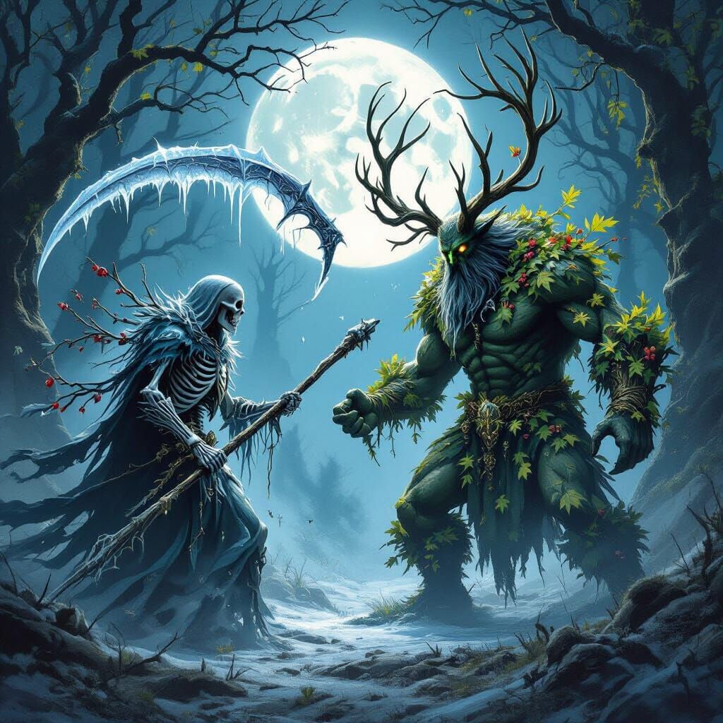 Holly King vs Oak King in Moonlit Forest Battle