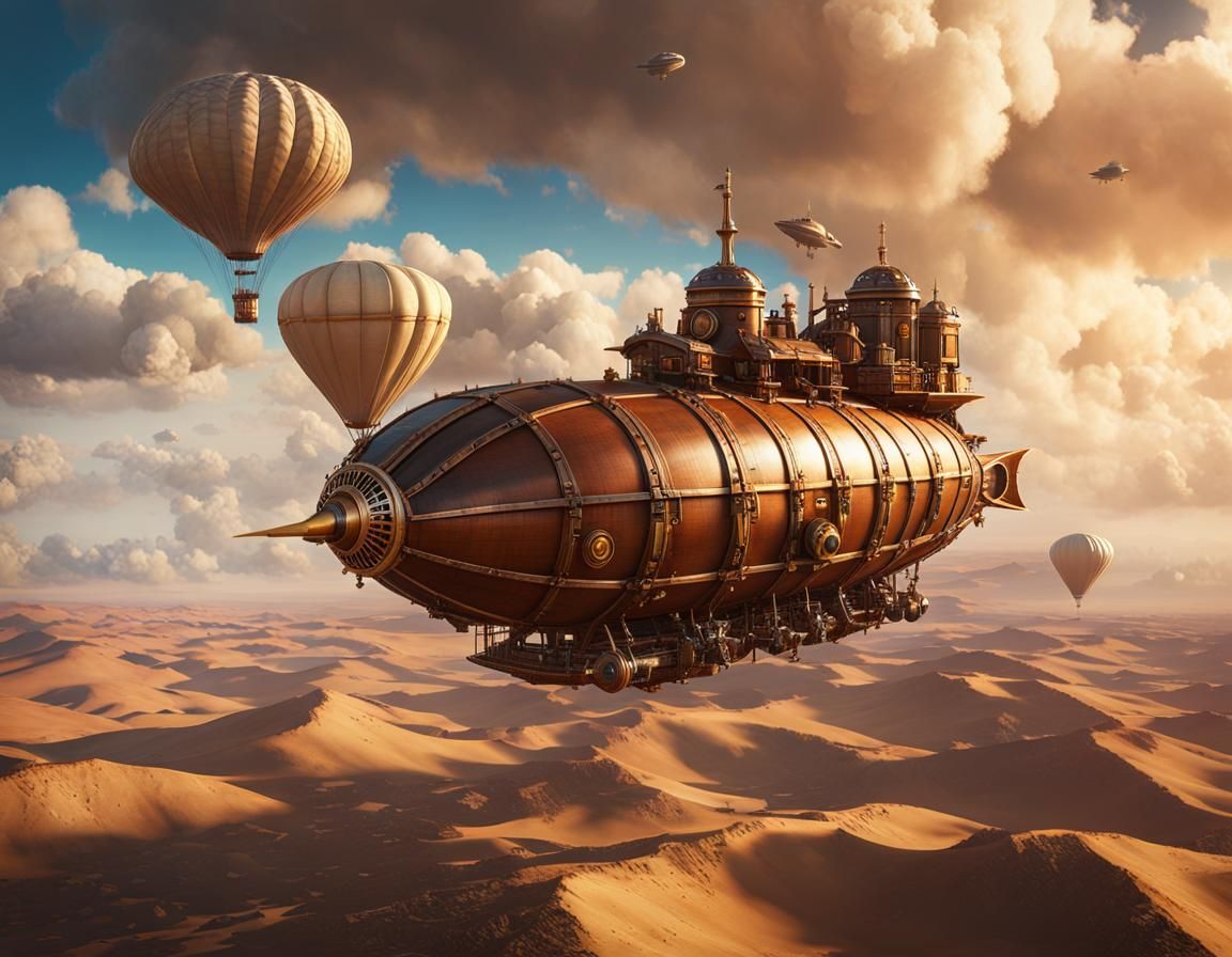 Steampunk Airship Canvas Above Desert Clouds