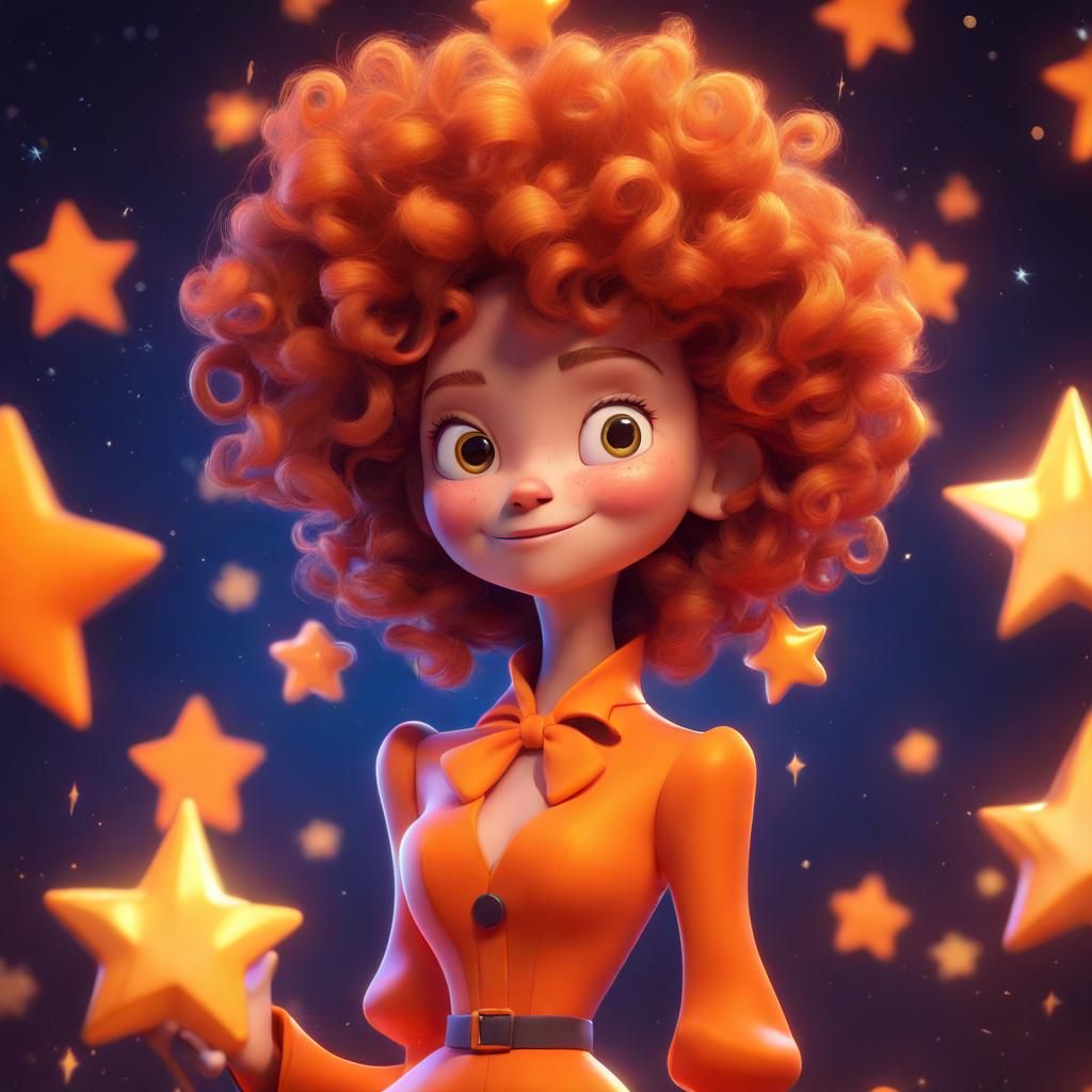 Orange Curly Witch Under Shining Stars: 3D Digital Art