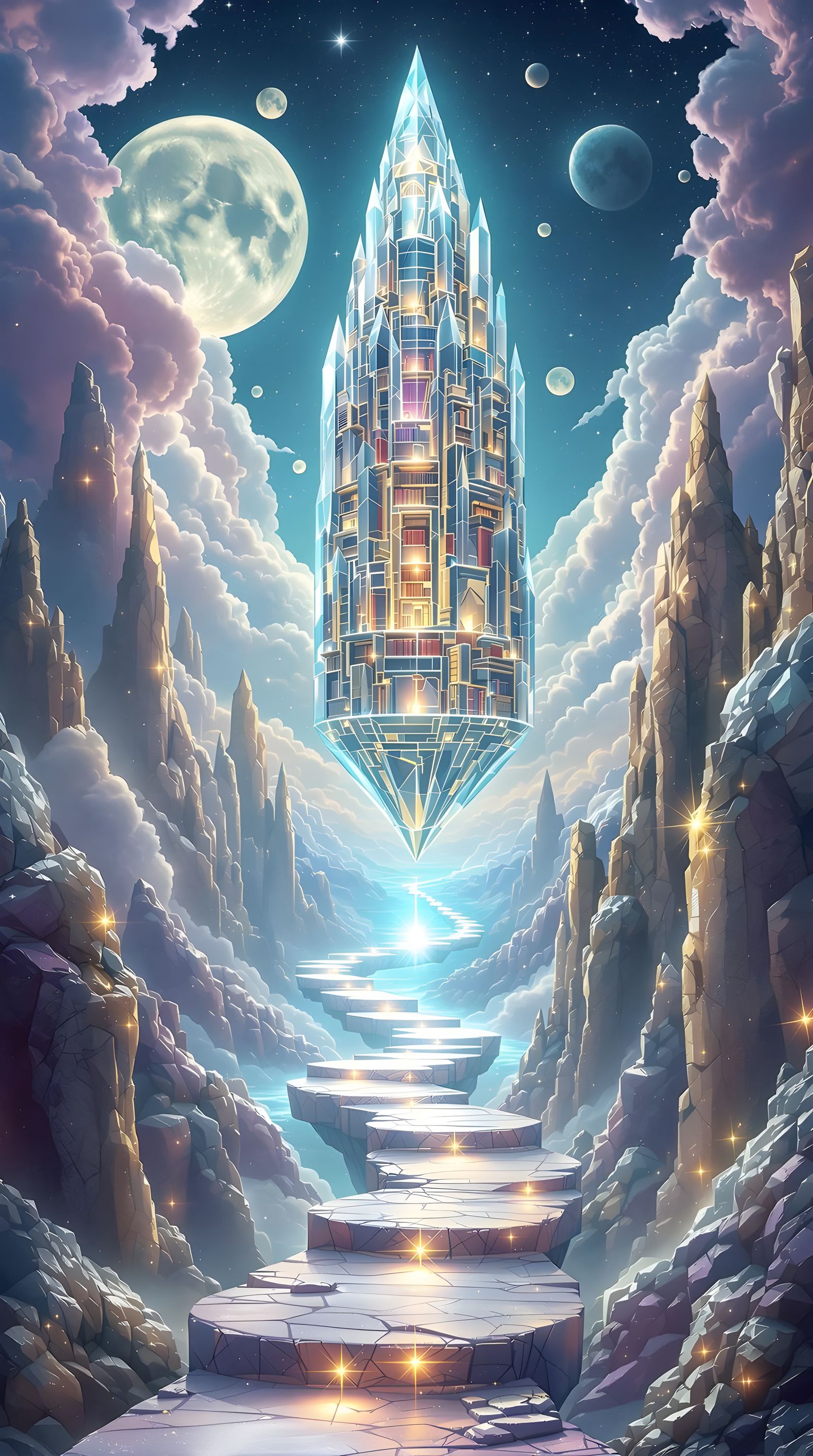 Ethereal Pathway to the Crystal Library Spire in Dreamlike D...