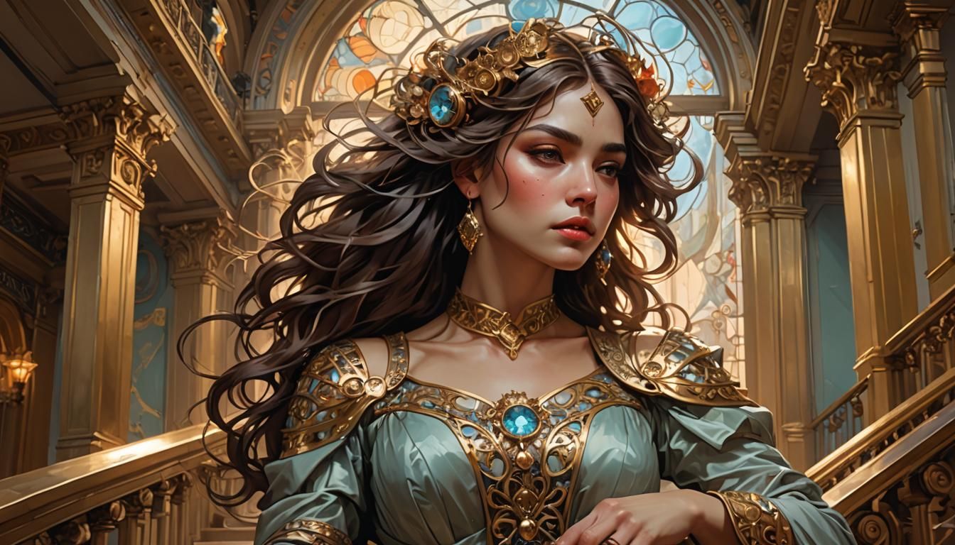 Sensual Redhead Portrait with Baroque Frame in Digital Art