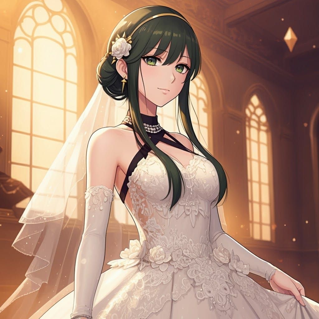 Yor Forger from SpyXFamily wearing a wedding dress