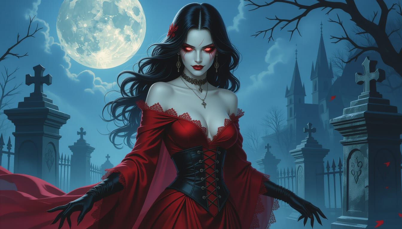 Vampire in Moonlit Graveyard Gothic Art