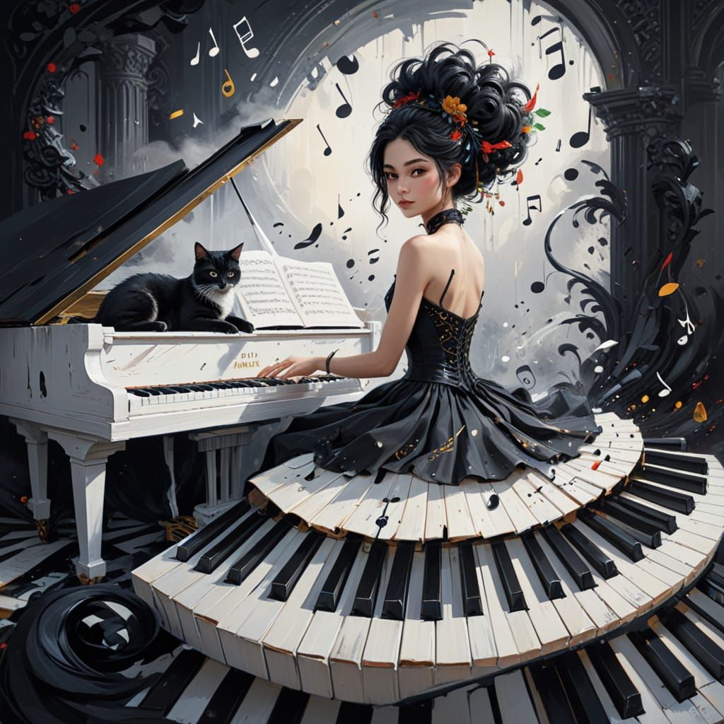 Whimsical Oil Painting of a Woman at the Piano with Feline C...