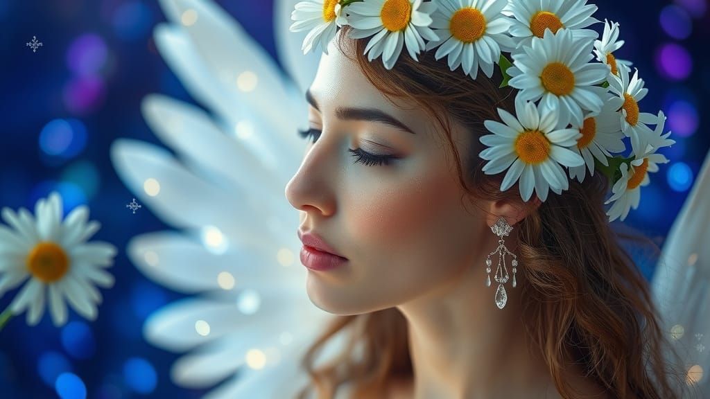 Angel Lady in Daisies Crowned with Glittering Stars