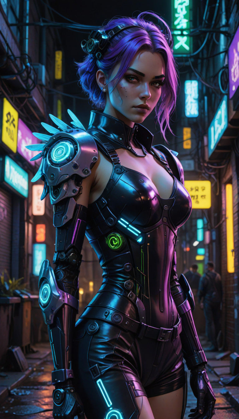 Confident Cyberpunk Android Alisa Bosconovitch in Neon Alley...