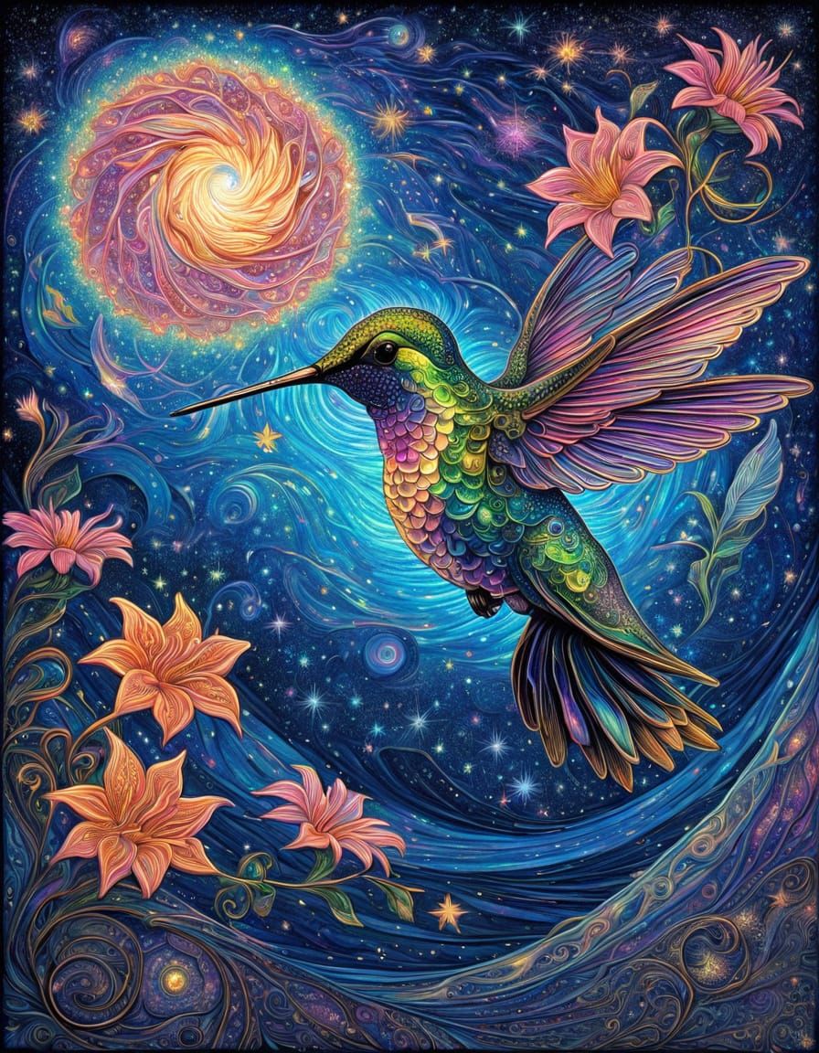 hummingbird and flower in a swirly starry night sky