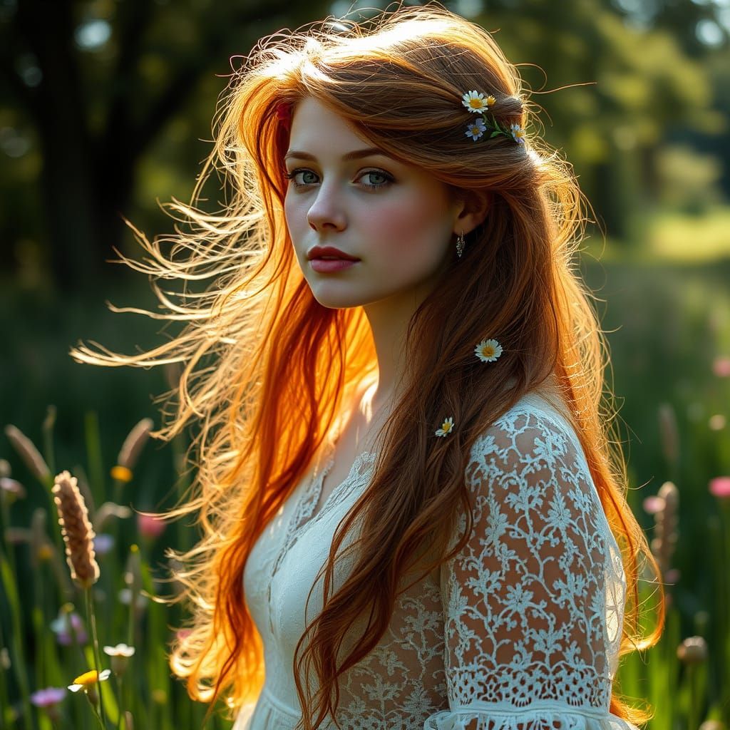 Auburn-Haired Woman in Meadow, Soft Focus Style