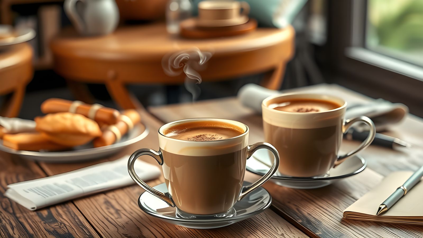 Cozy Morning Café Scene with Elegant Coffee Cups and Delicat...
