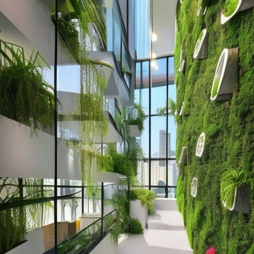 Amazing life sustaining eco-friendly penthouse with plants growing all over the walls& Beautiful windows& Emerald green ...