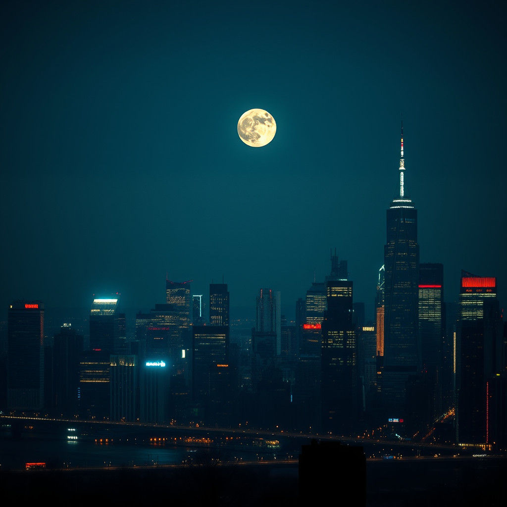 New York City Skyline Illuminated by Neon Lights and Full Mo...