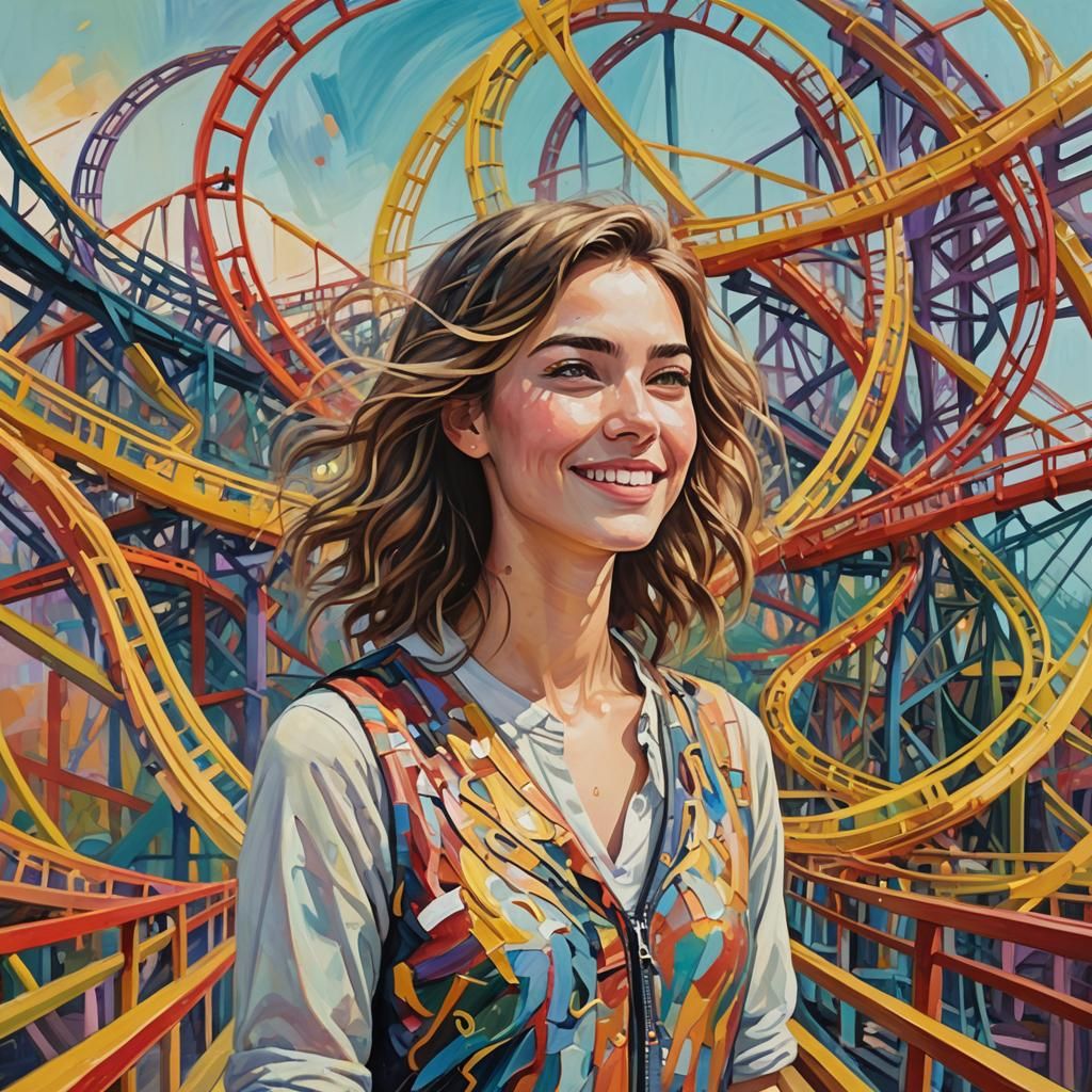 Expressionist Painting: Woman Before Swirling Roller Coaster
