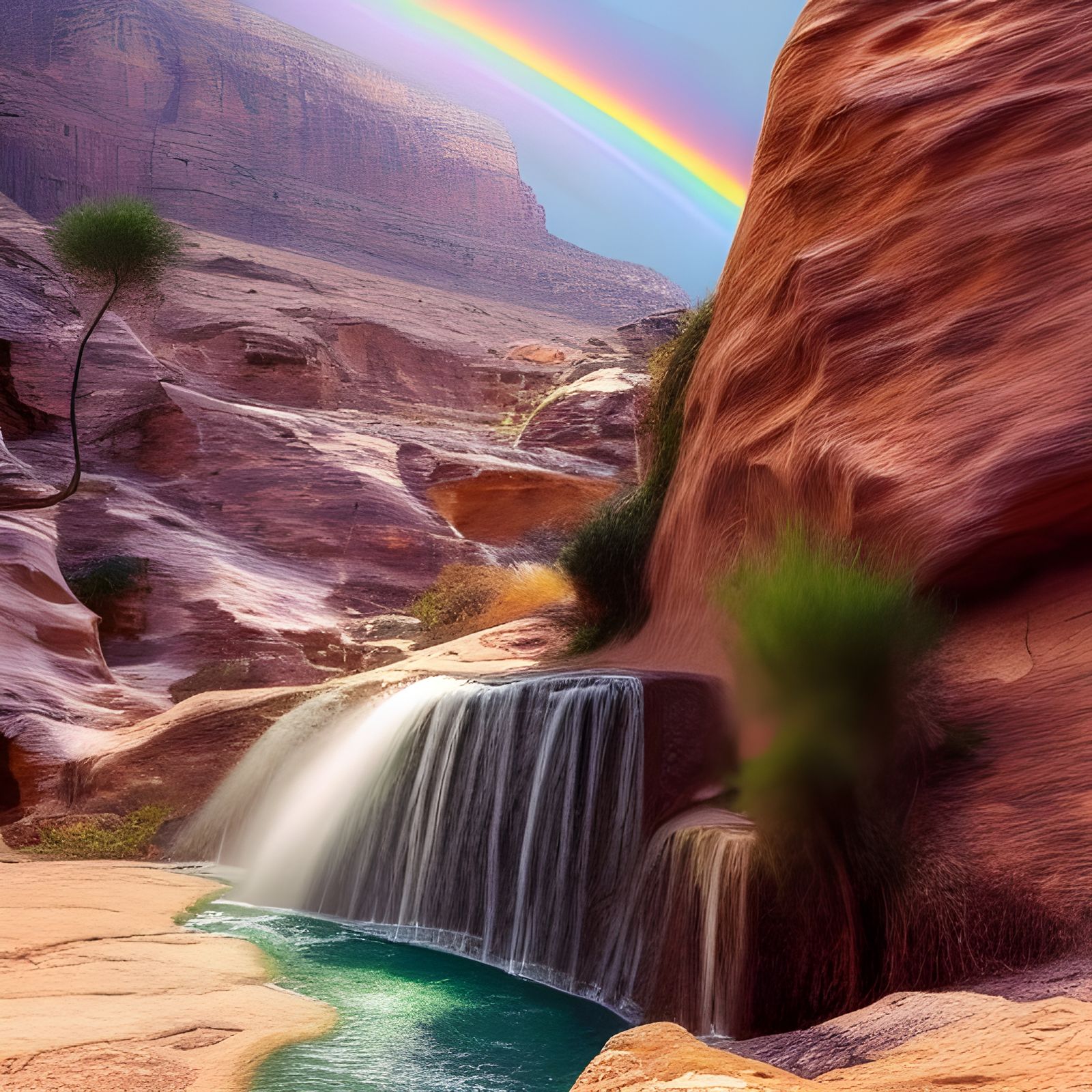 Waterfalls Over Petra in Hyperrealistic Luminism Style