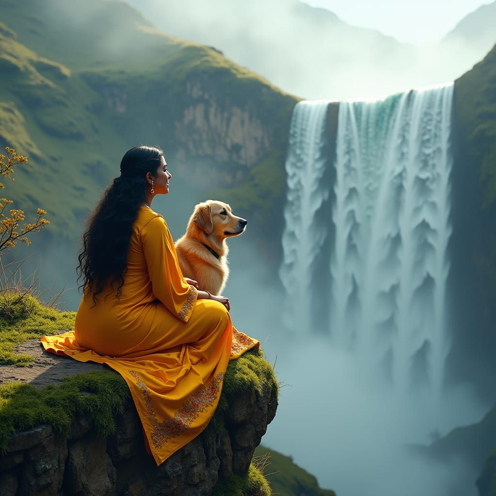 Serene Indian Woman Gazing at Misty Waterfall
