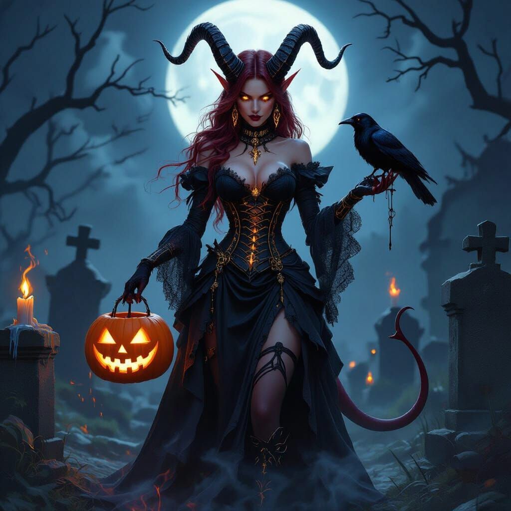 Gothic Tiefling Witch in Moonlit Graveyard