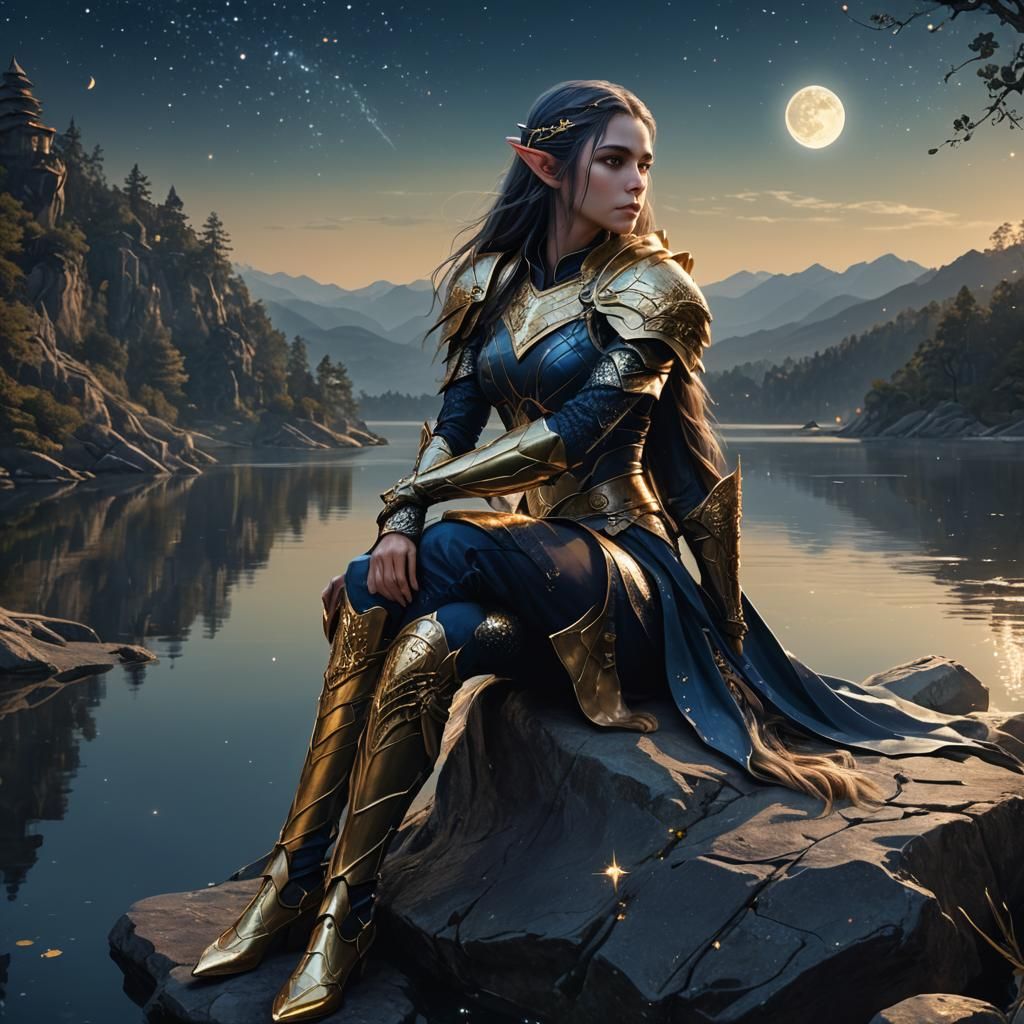 Elf Warrior with Dragon in Glittery Lake Landscape