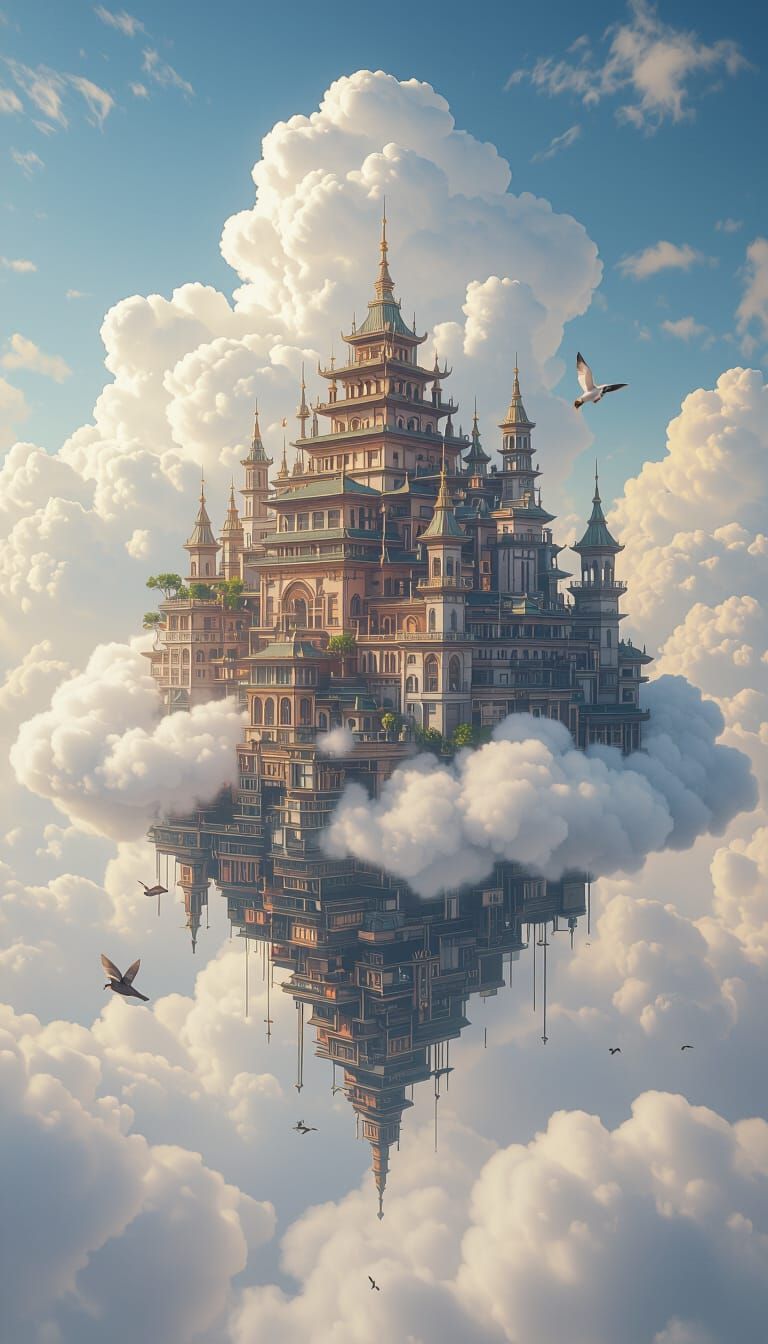 Floating Cloud City Palace in Cumulus Clouds