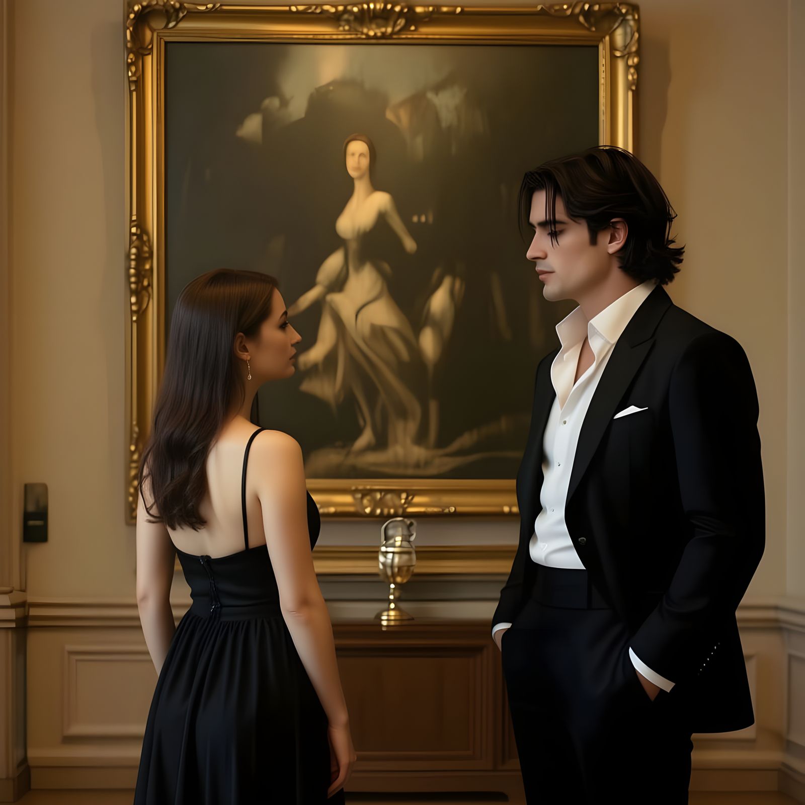 Golden Light in an Old Museum Hall with Figures