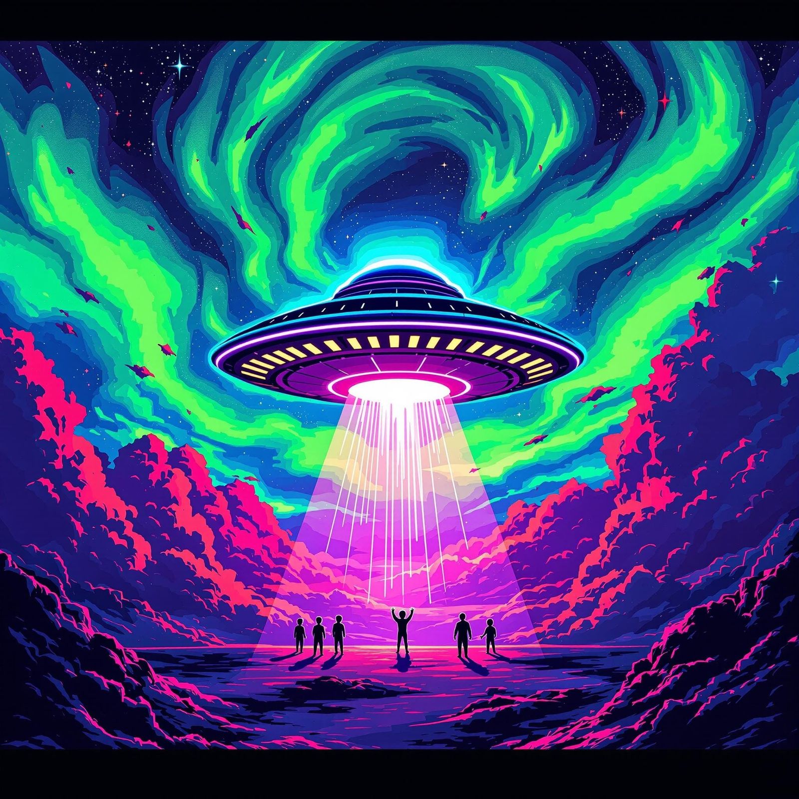 UFO Abduction in Retro Pixel Art Style
