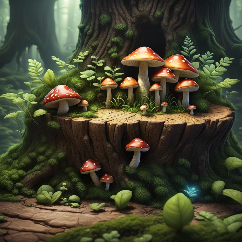 Enchanted Forest Mushrooms on Tree Stump