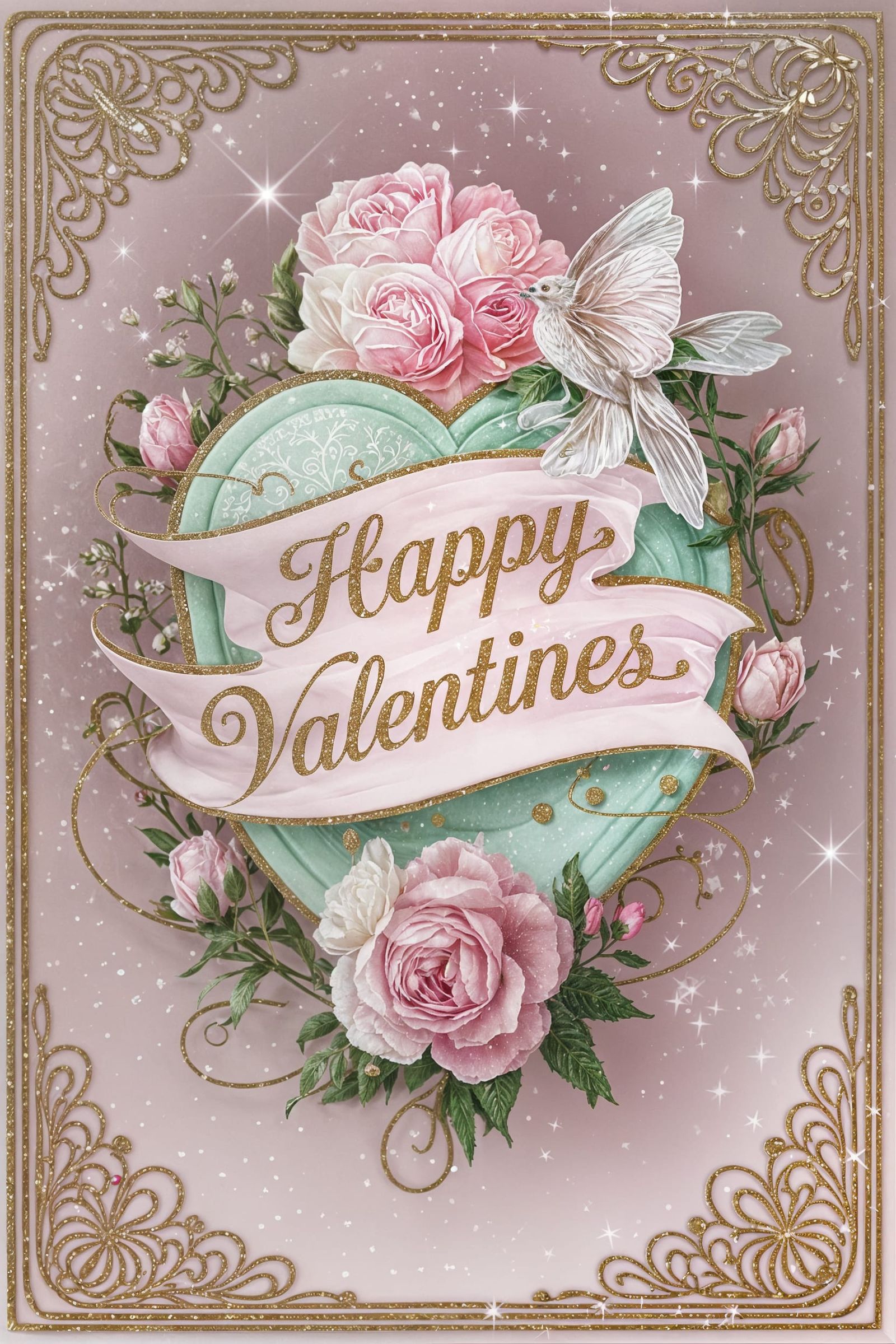 Whimsical Valentine Masterpiece with Glittering Floral Patte...