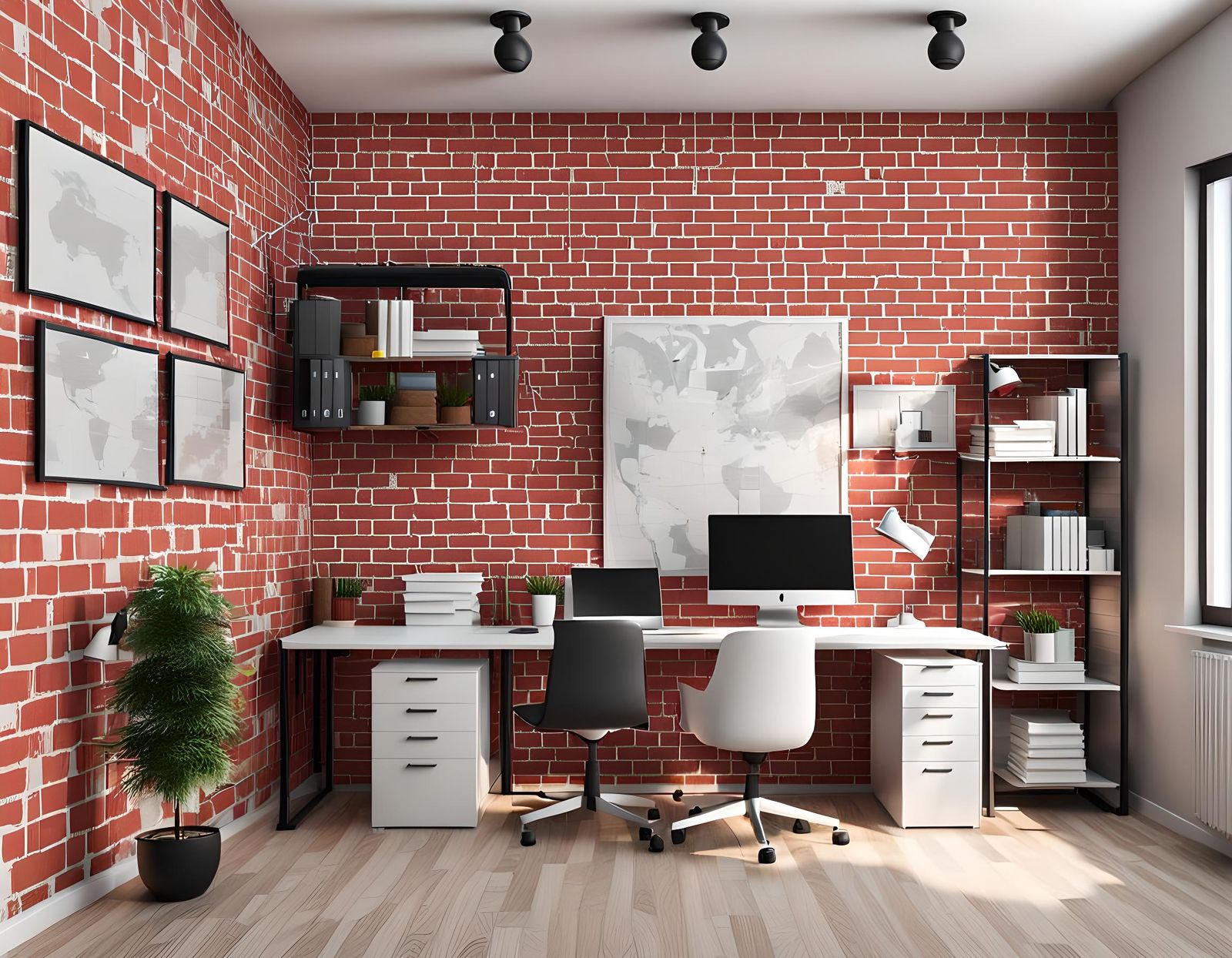 Cozy Office Interior with Brick Walls in 3D