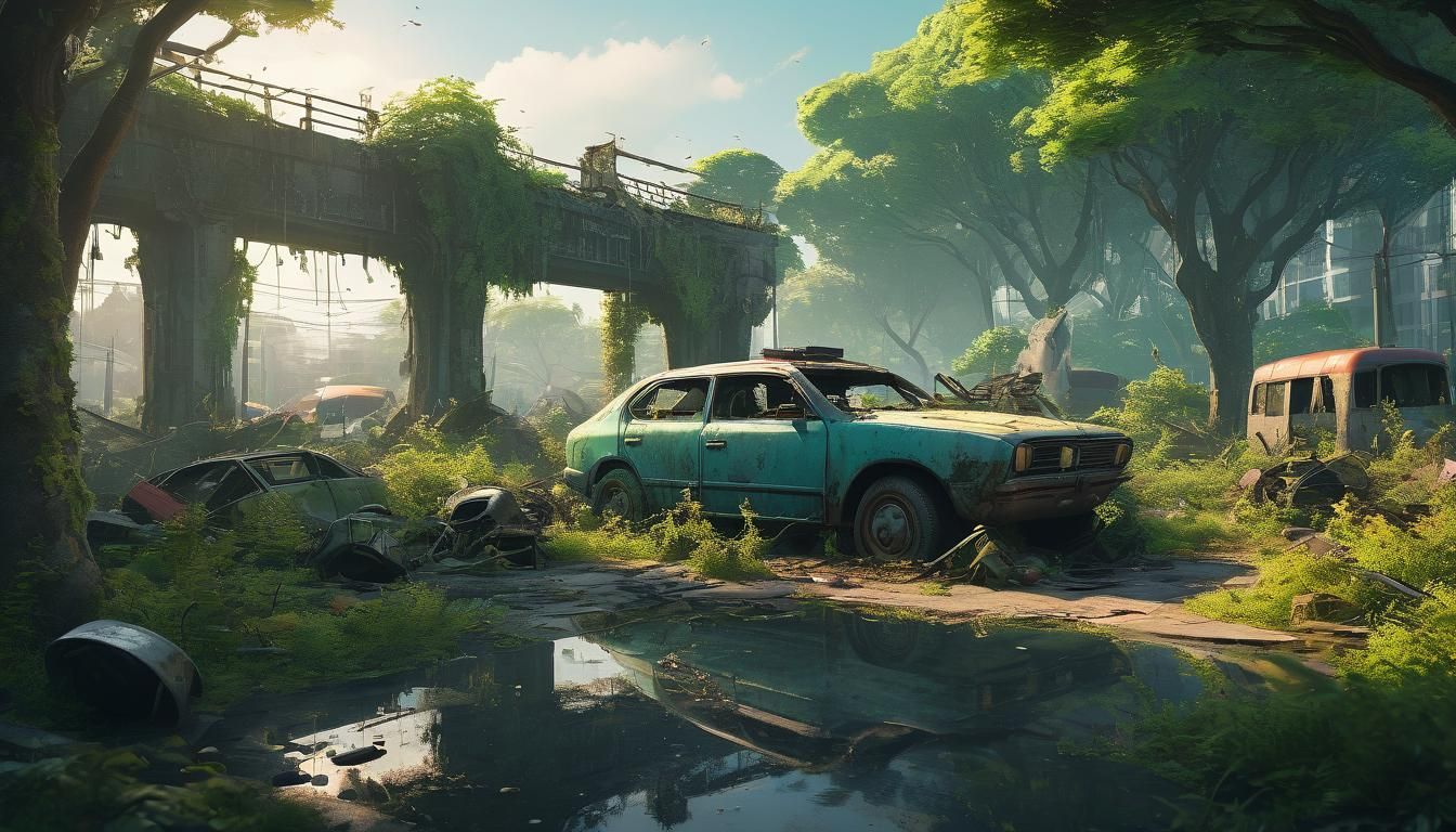 Post-Apocalyptic Car-Free Park in Anime Style