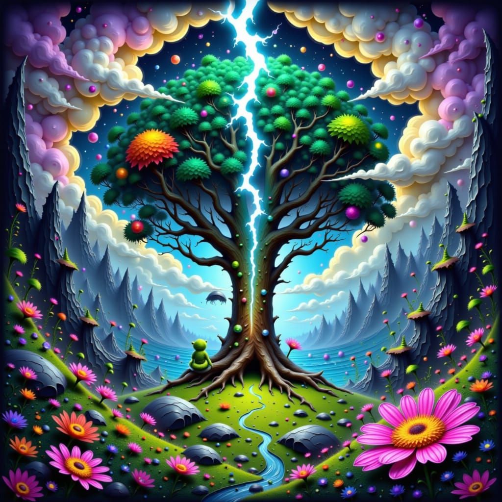 Moss Critter and Serpentine Creature in Fantasy Landscape