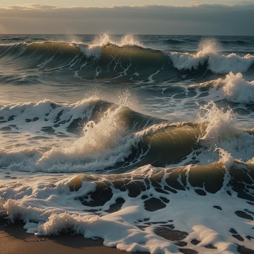 Turbulent Cerulean Waves at Dusk in Cinematic Style