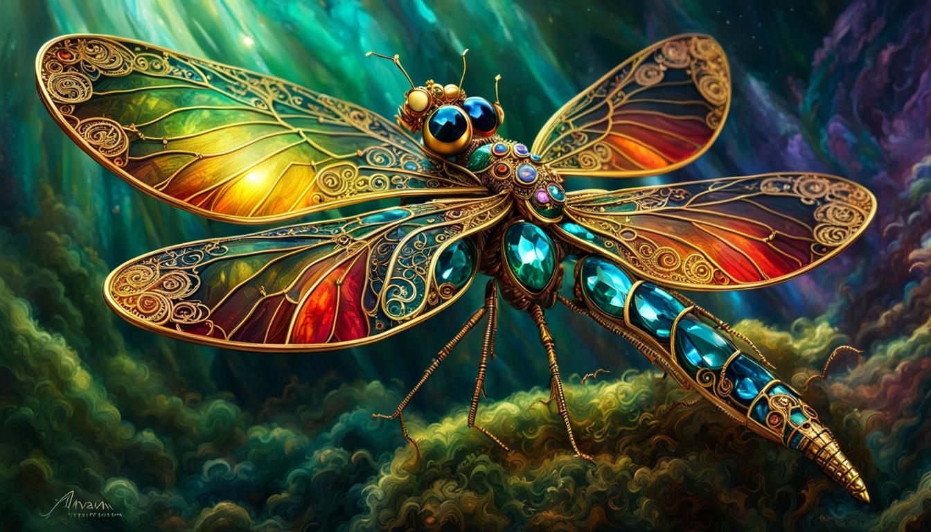 Intricate Steampunk Dragonfly with Crystal Wings