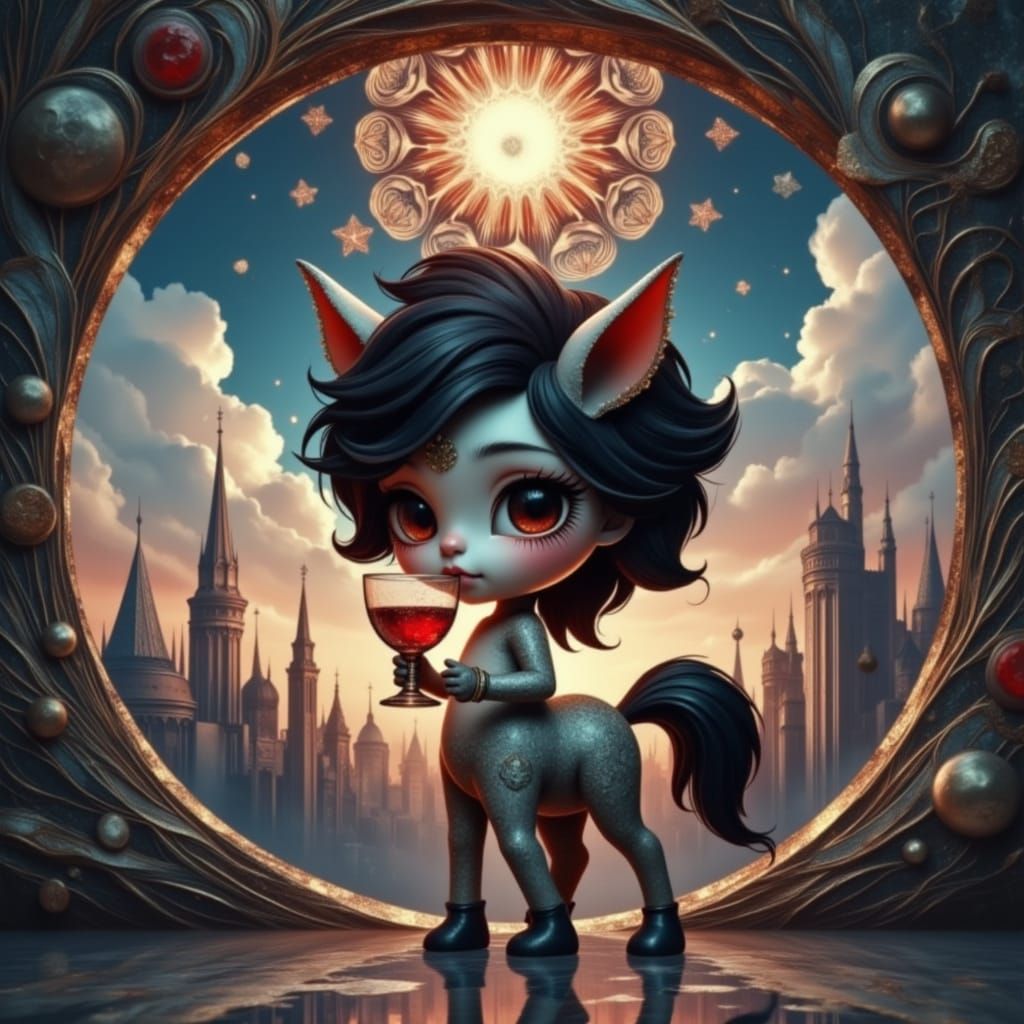 Cyberpunk Fantasy Centaur Sips Wine in Escher-Inspired City