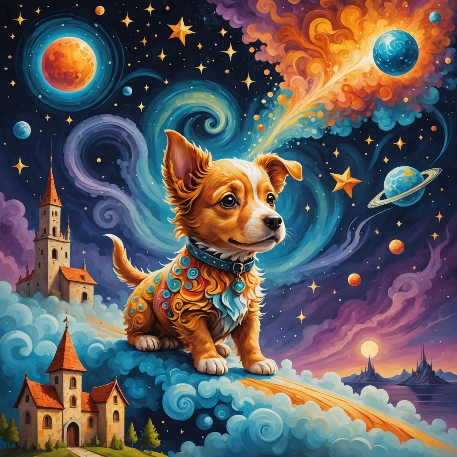 Cosmic Puppy Chasing Comet in Dreamlike Sky