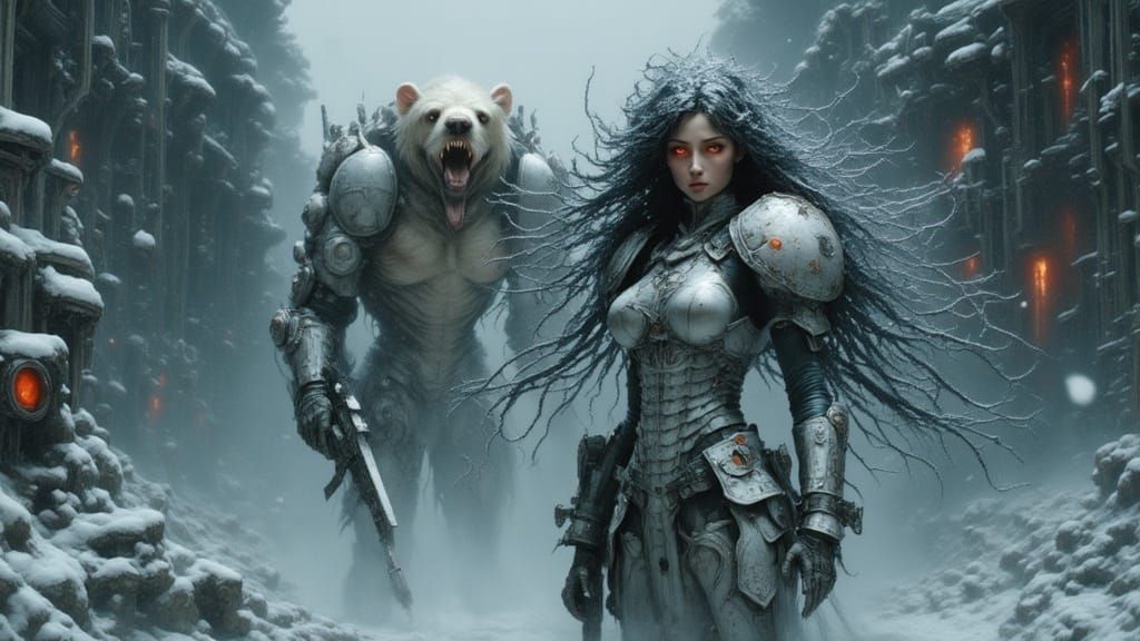 Woman in Snowy Ruin, Fine-Art Cyberpunk Photography