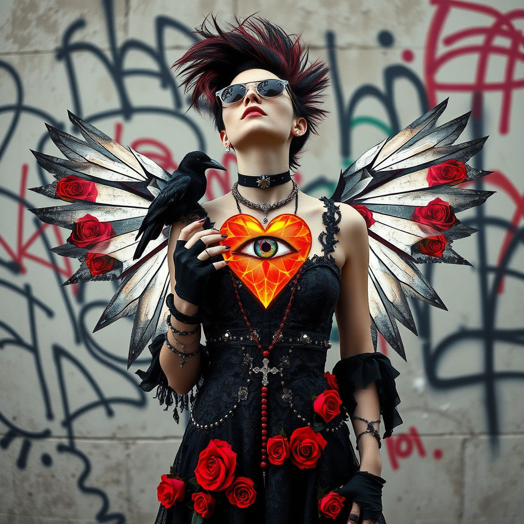 Punk Rock Woman with Geometric Wings in Dada Style
