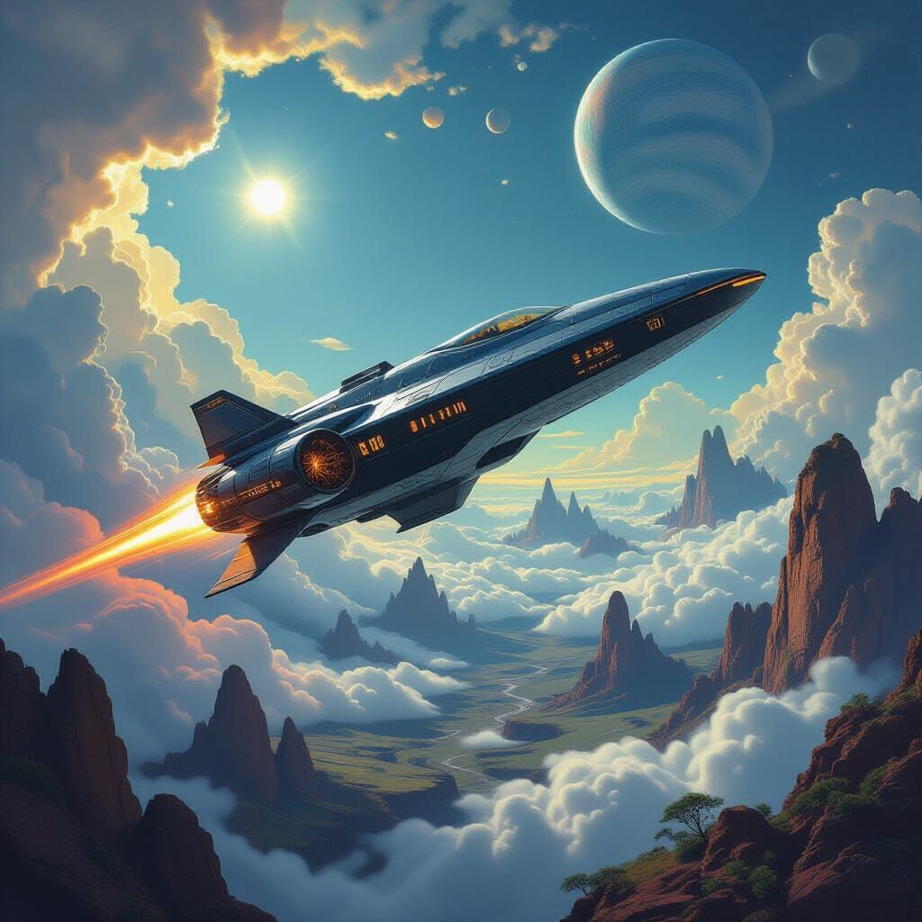 Futuristic Spaceship Soaring Through Alien Skies