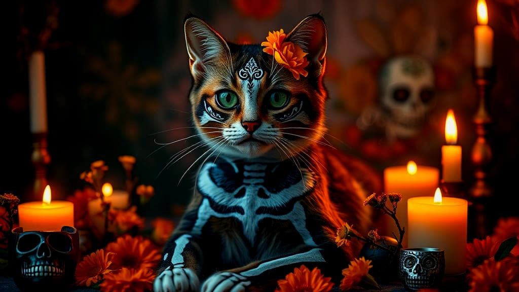 Photorealistic Cat: Día de los Muertos Celebration