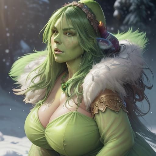Green Grinch Portrait in Winter Dress