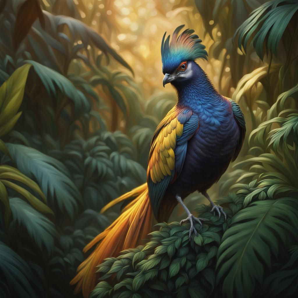 Vibrant Bird in Lush Foliage, Detailed Digital Painting