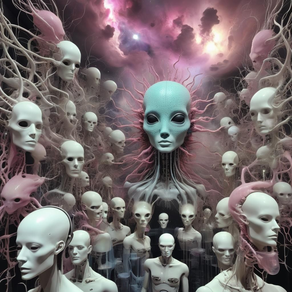 Surreal Hall of Heads in Retro Sci-Fi Style