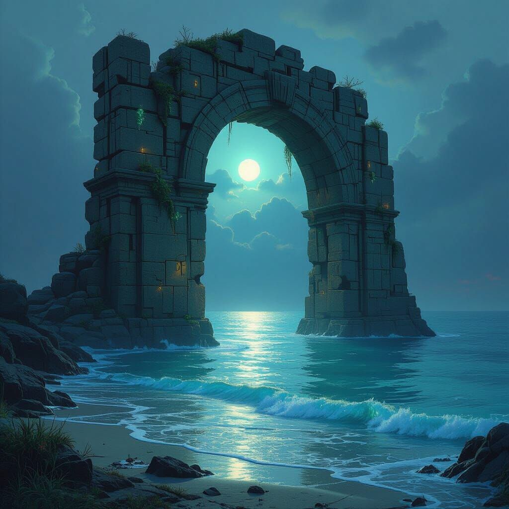 Submerged Stone Archway with Bioluminescent Flora
