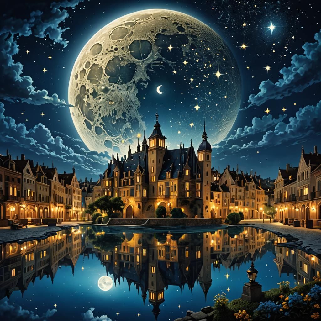 Moonlit Clock Town in Surreal Digital Art Style