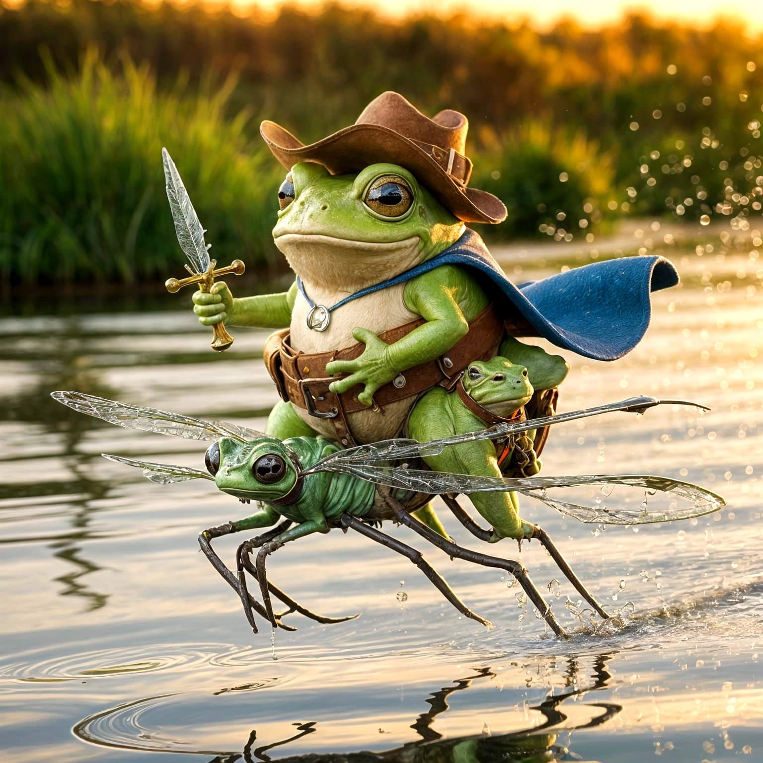 Adventurous Frog in Cyberpunk-Inspired Wetland Scene