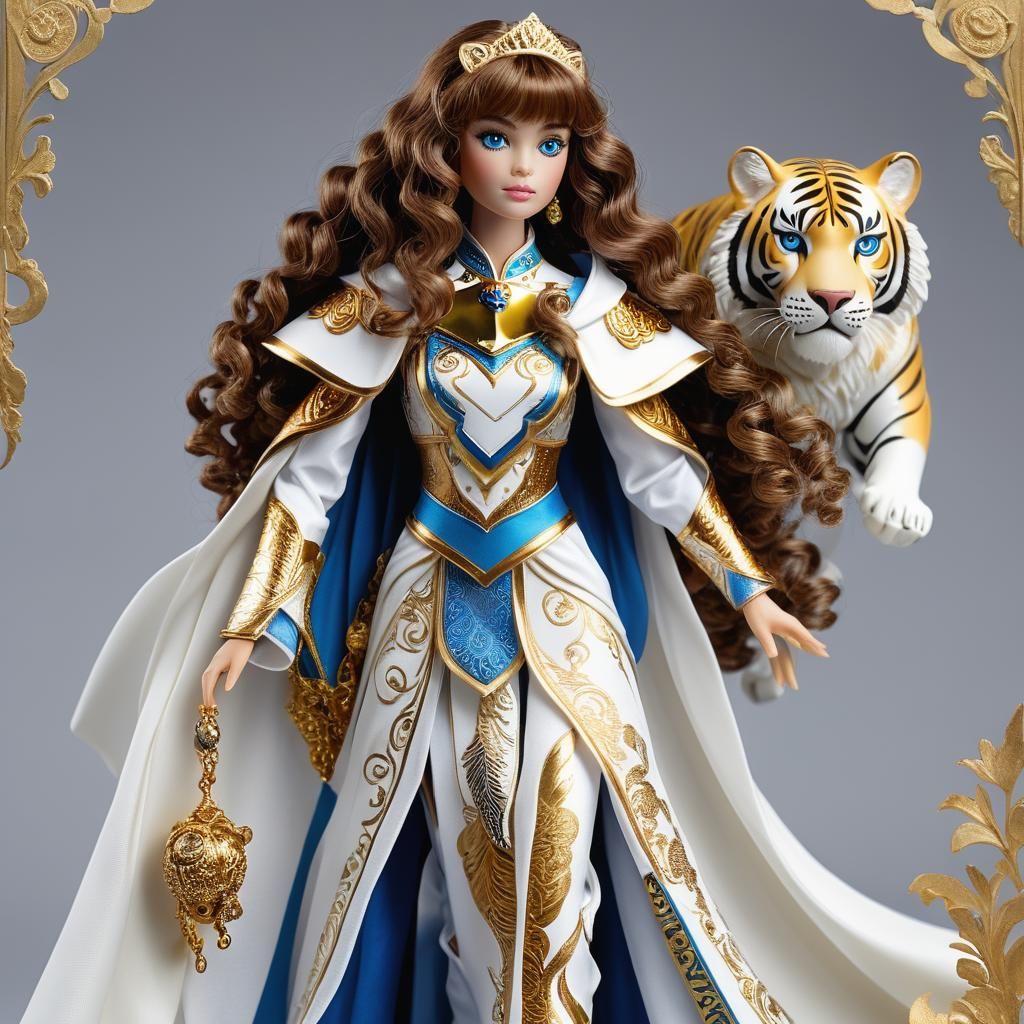 woman with long brown curly hair with bangs doll with blue e...