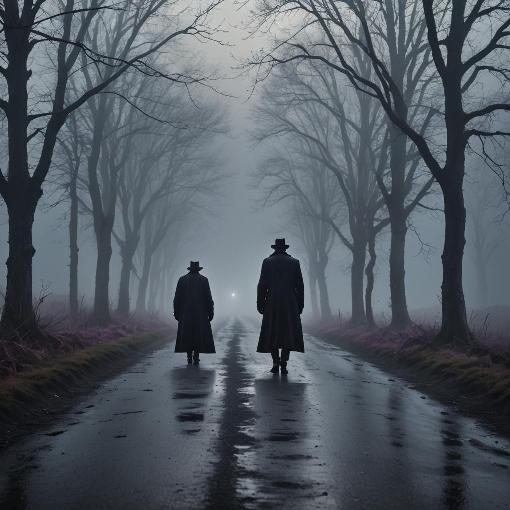 Mysterious Figure on Misty Road in Hyperrealistic Photograph...