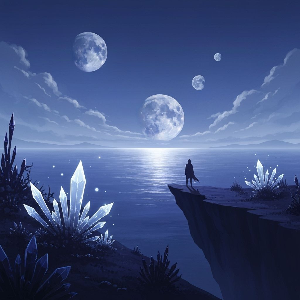 Alien Ocean Landscape with Three Moons and Glowing Flora