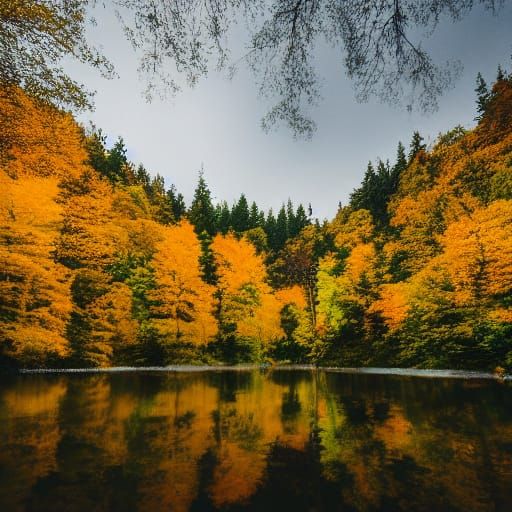 Golden Sunlight on a Lake in Misty Forest